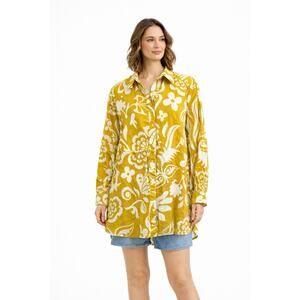 Boden Garden Tropic Floral Linen Shirt Button Down Top Chartreuse Yellow US 8